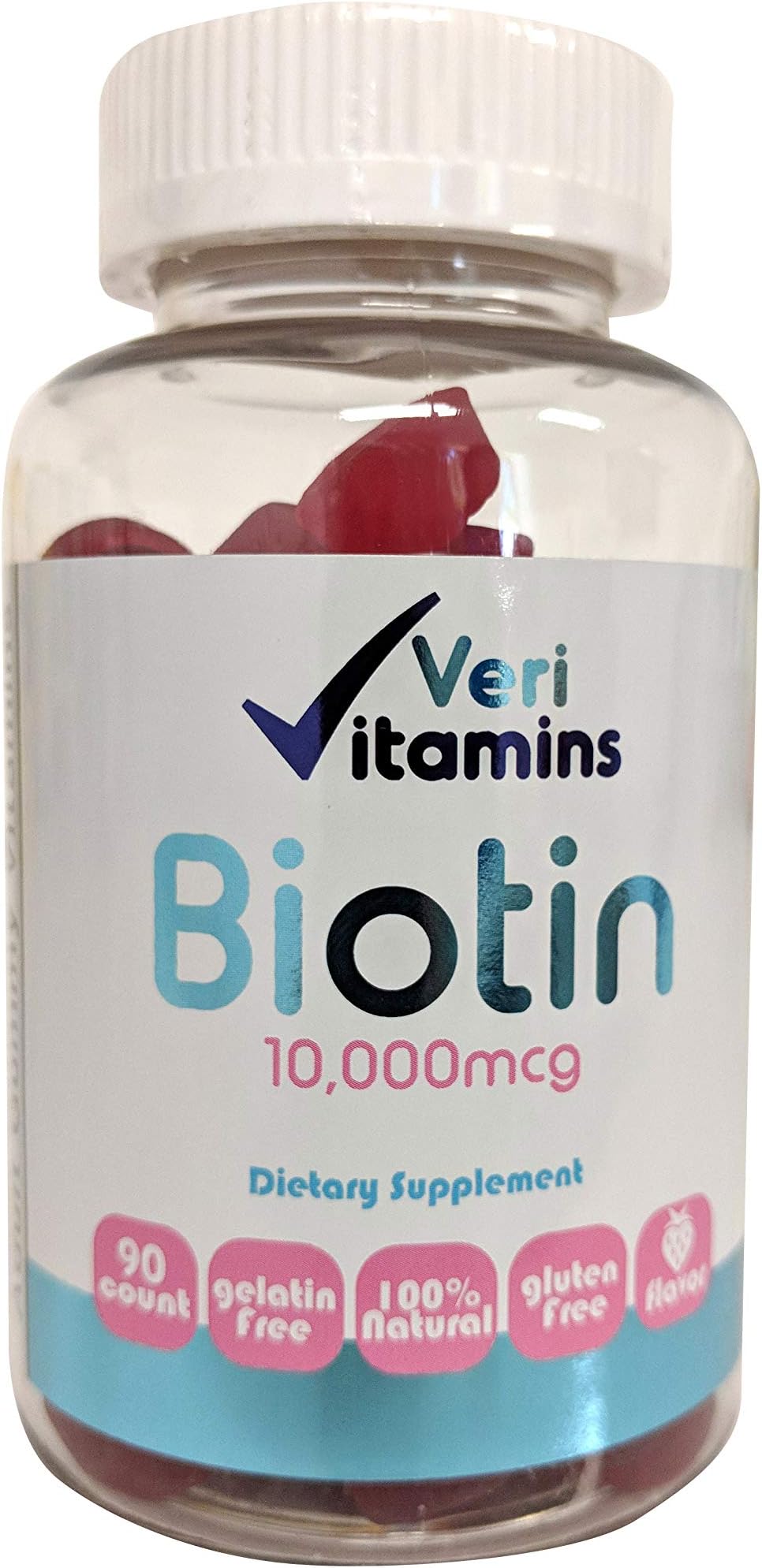 VeriVitamins Biotin Gummy Vitamins 10,000 mcg, 90-Count, Kosher, Gelatin and Gluten Free, Vegetarian, Strawberry Flavor, 100% Natural