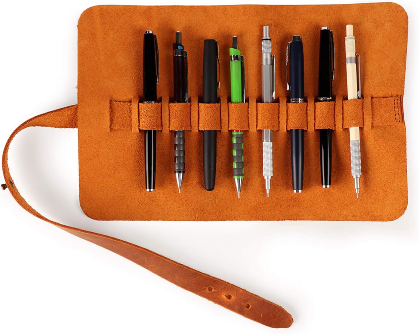 LONDO Genuine Leather Pen & Pencil Roll Case - 10 Slots - Classic Design - Cowhide Leder, Camel