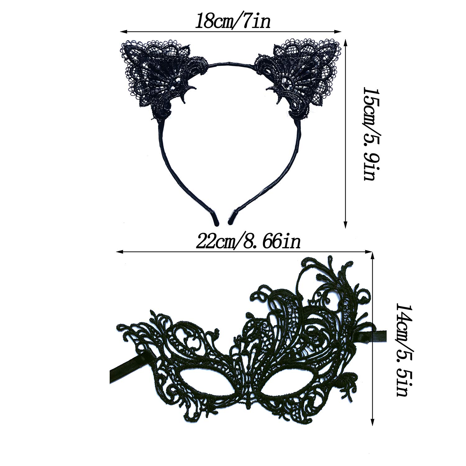 VCZONE Cat Costume for Women Halloween Masquerade Black Cat Lace Ears Kitten Tail Sexy Net Gloves Necklace Mask and Hand Stick