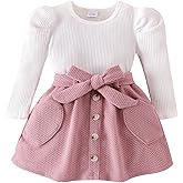 FOCICI Toddler Girl Clothes Baby Fall Winter Outfits Knitted Puff Sleeve Tops + Infant Short Skirt + Belt 3Pcs 12 Months- 4T