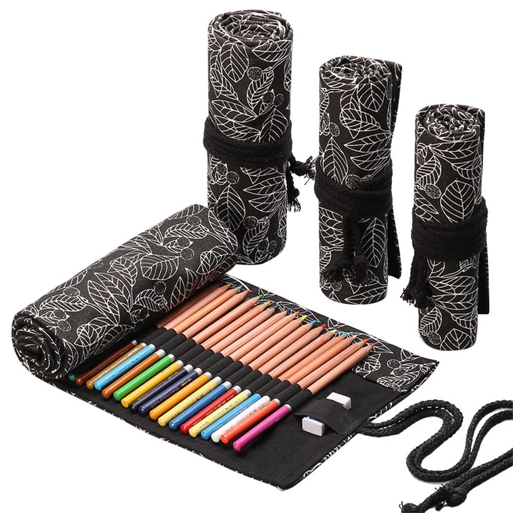 Photo 1 of DIYOMR 24/36/72 Slots Pencil Wrap Pencil Rolls, Artist Colored Pencils Roll Up Bag Short Brushes Pouch Case Pencils Organizer for Drawing Coloring and Sketching (Black Leaves, 72slots)