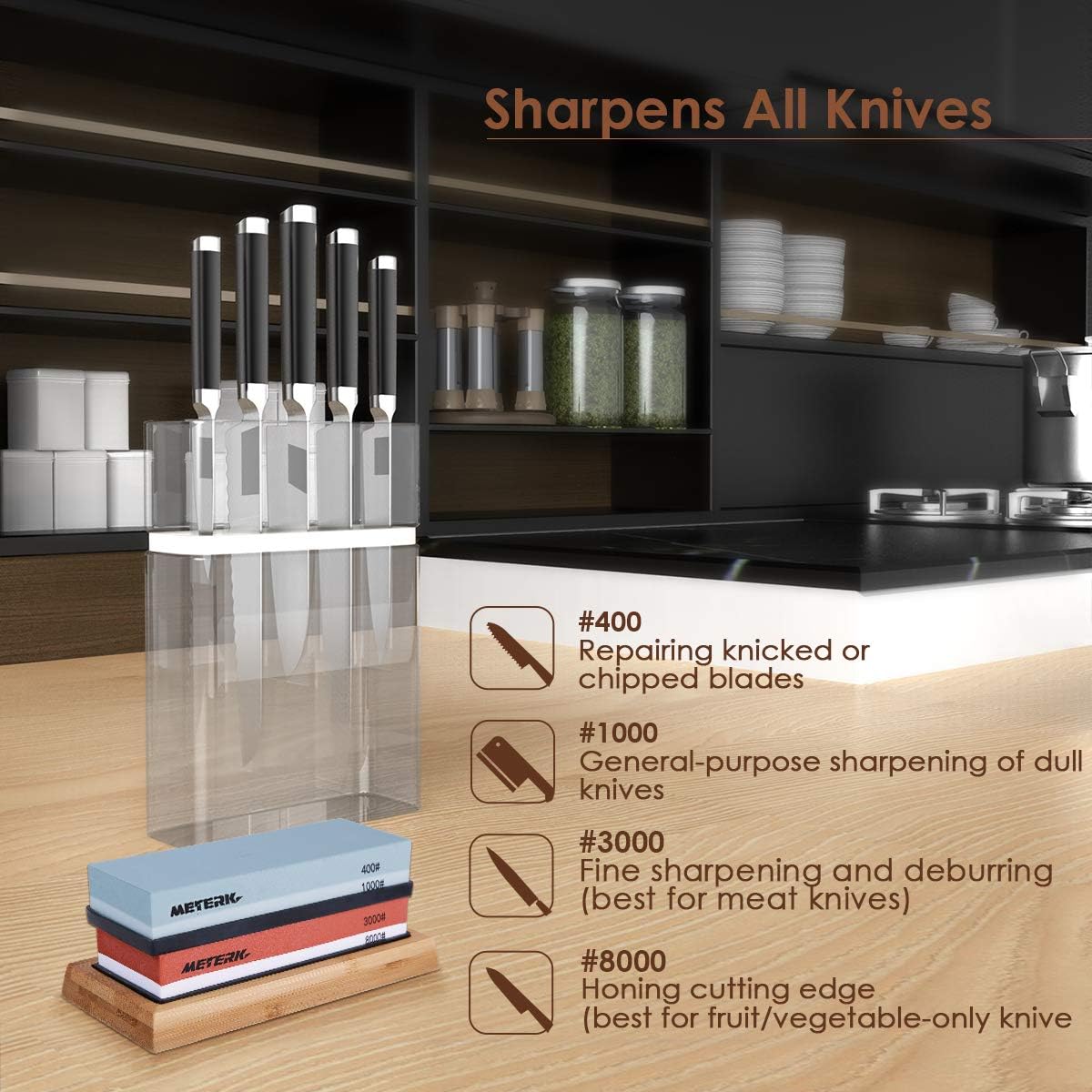 Sharpening Stone Set, Meterk Whetstone 4 Side Grit 400/1000 3000/8000 Knife Sharpening Kit with Bamboo Base, Non-Slip Rubber Base and Angle Guide: Kitchen & Dining