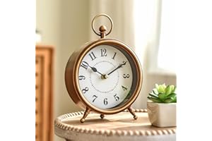 EMAX HOME Vintage Small Table Clock on Stand, Decorative Desk and Shelf Clock Farmhouse Mantel Non-Ticking Clock Rustic Metal Frame with Antique Gold Finish 9.3 Inch