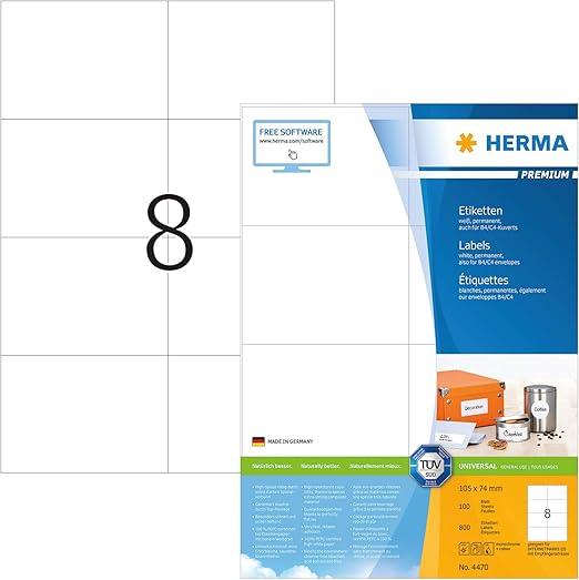 HERMA Self Adhesive MultiPurpose Labels, 8 Labels Per A4 Sheet, 800 Labels For Laser And Inkjet