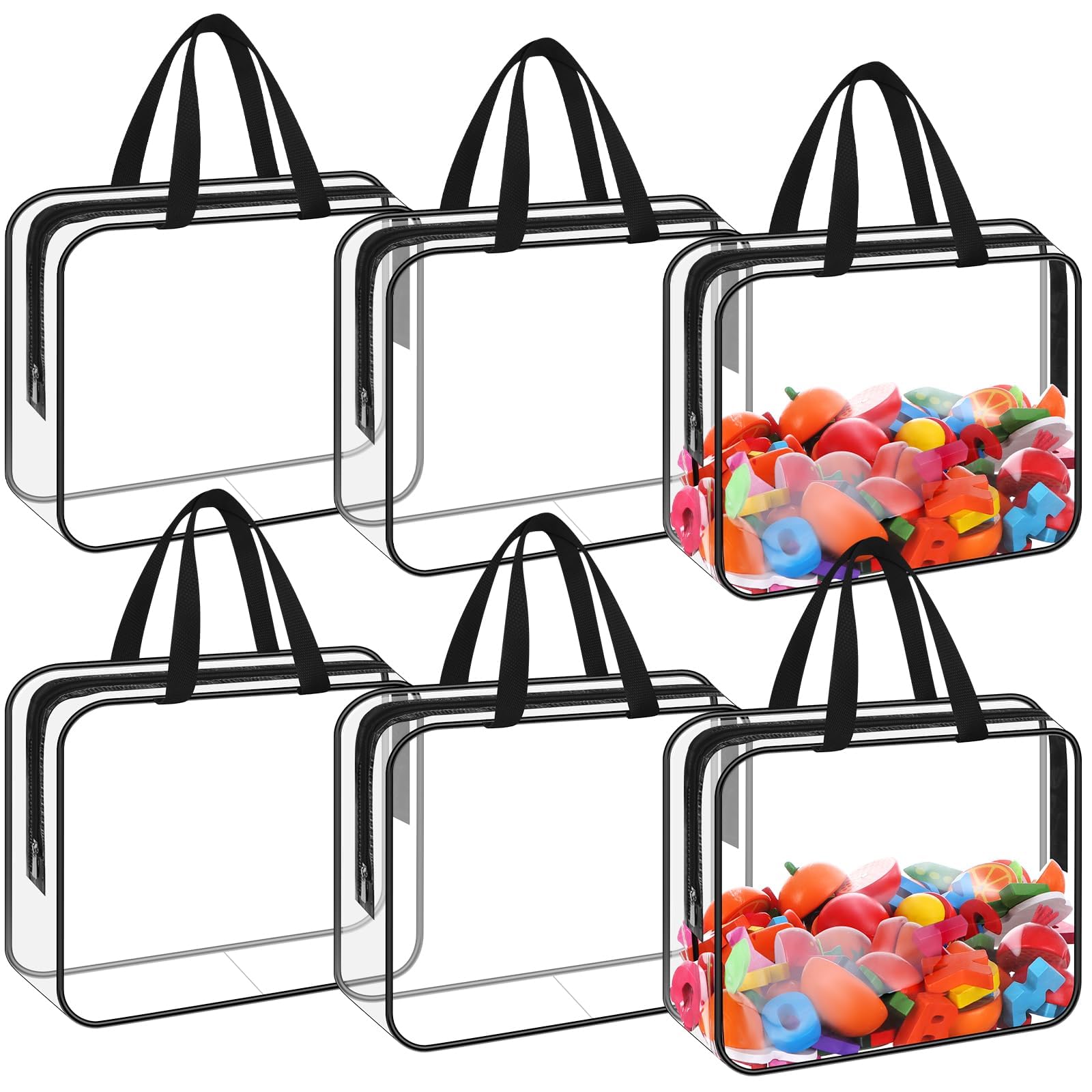 6 Pack Clear Toy Storage Bags with Handles Moving Totes 11.8x8.6 Inch Waterproof Reusable PVC Zipper Pouch Organizer Bag for Baby Toys, Game Pieces, Balls(Black)