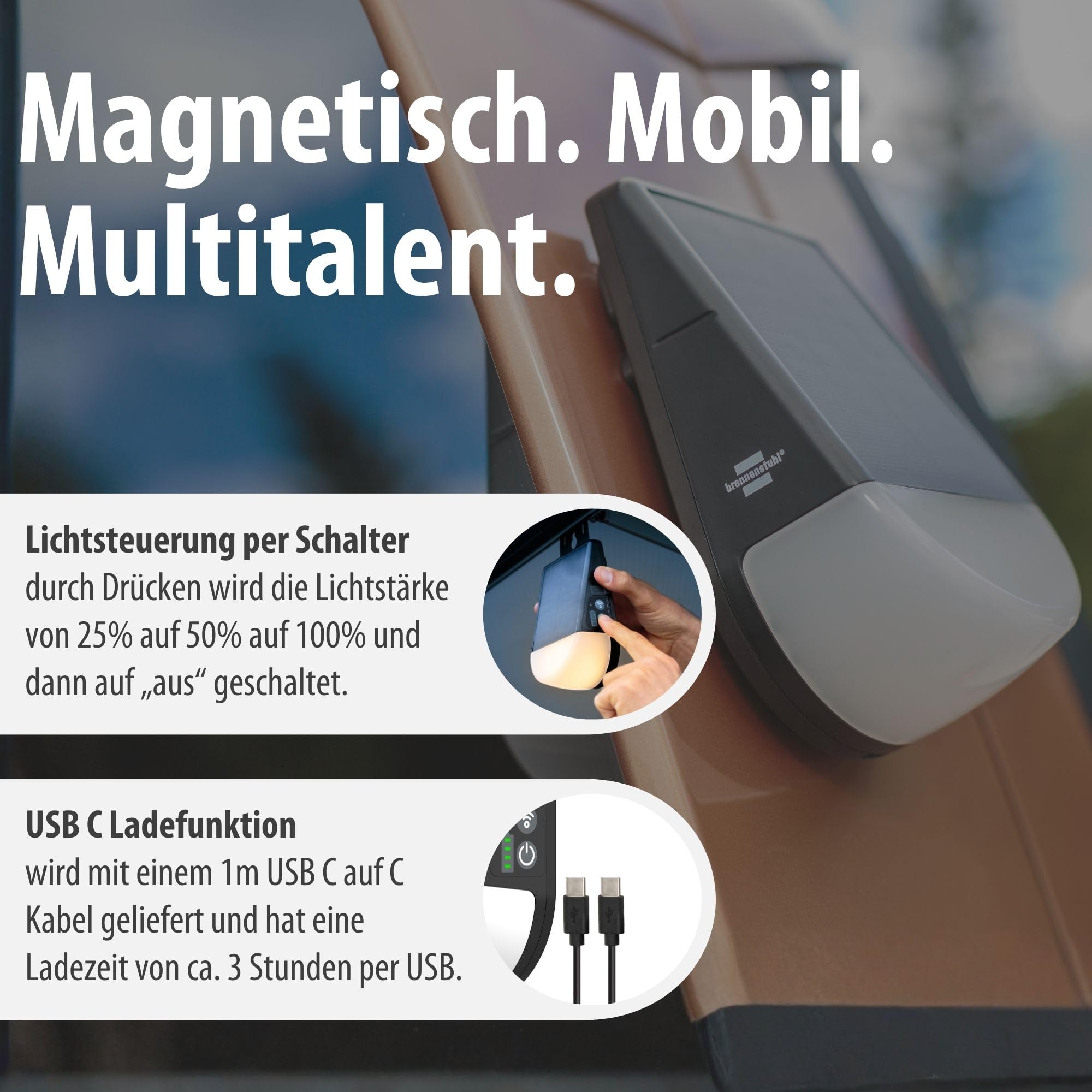 Brennenstuhl Akku Solar LED Outdoor Lampe KL 300 AS (250lm, Wandleuchte mit Bewegungsmelder, IP54, 3 Leuchtstufen, max. 20h Leuchtdauer, Adapter für Kederschiene an z.B. einem Wohnwagen) 6