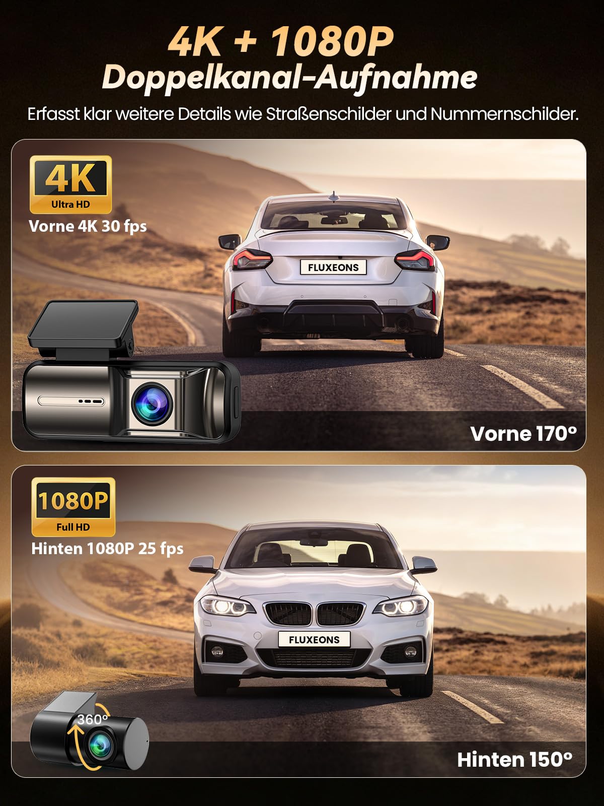 FLUXEONS 4K +1080P Dashcam Auto Vorne Hinten mit 64GB Karte, APP Steuerung mit 5GHz Wi-Fi, G-Sensor, 170° Weitwinkel, Nachtsicht, WDR, 24/7 Parküberwachung, Loop-Aufnahme (X3) 2