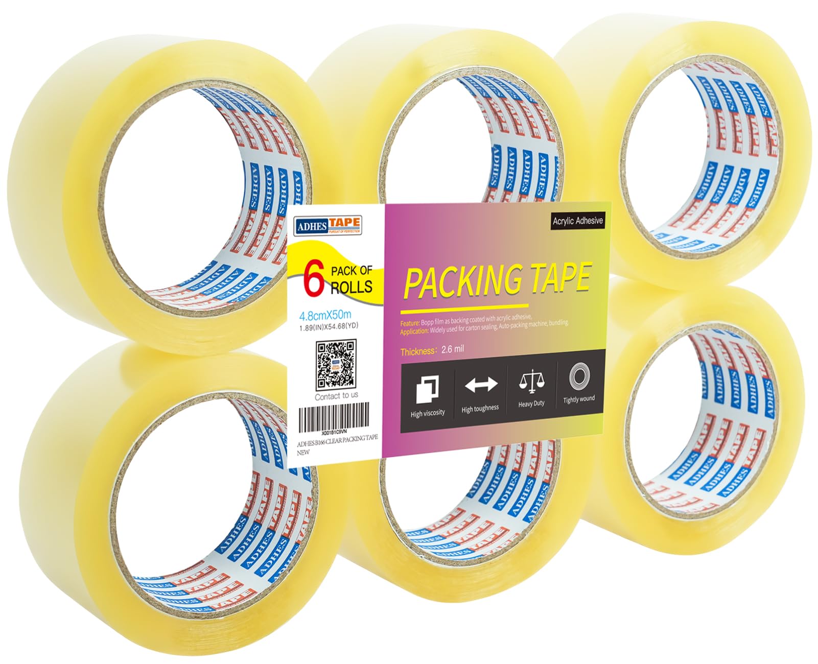 ADHES Parcel Tape Packing Tape for Moving Packaging Box, Shipping Tape Multipack, 50m Per Roll with 48mm Width 2.6Mil Thickness,Total 6 Rolls