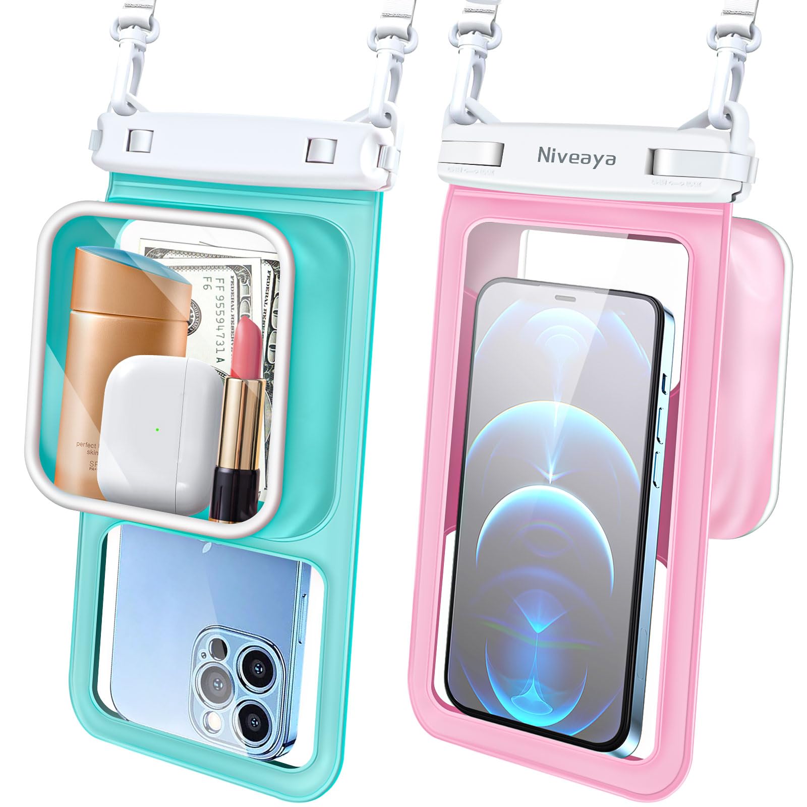 Photo 1 of Niveaya [Floatable Floating Waterproof Phone Pouch 2 Pack-Up to 8.5", Large Space Adjustable Neck Lanyard Waterproof Phone Case, Phone Dry Bags for Vacation Beach Pool Kayak Cruise Travel Essentials