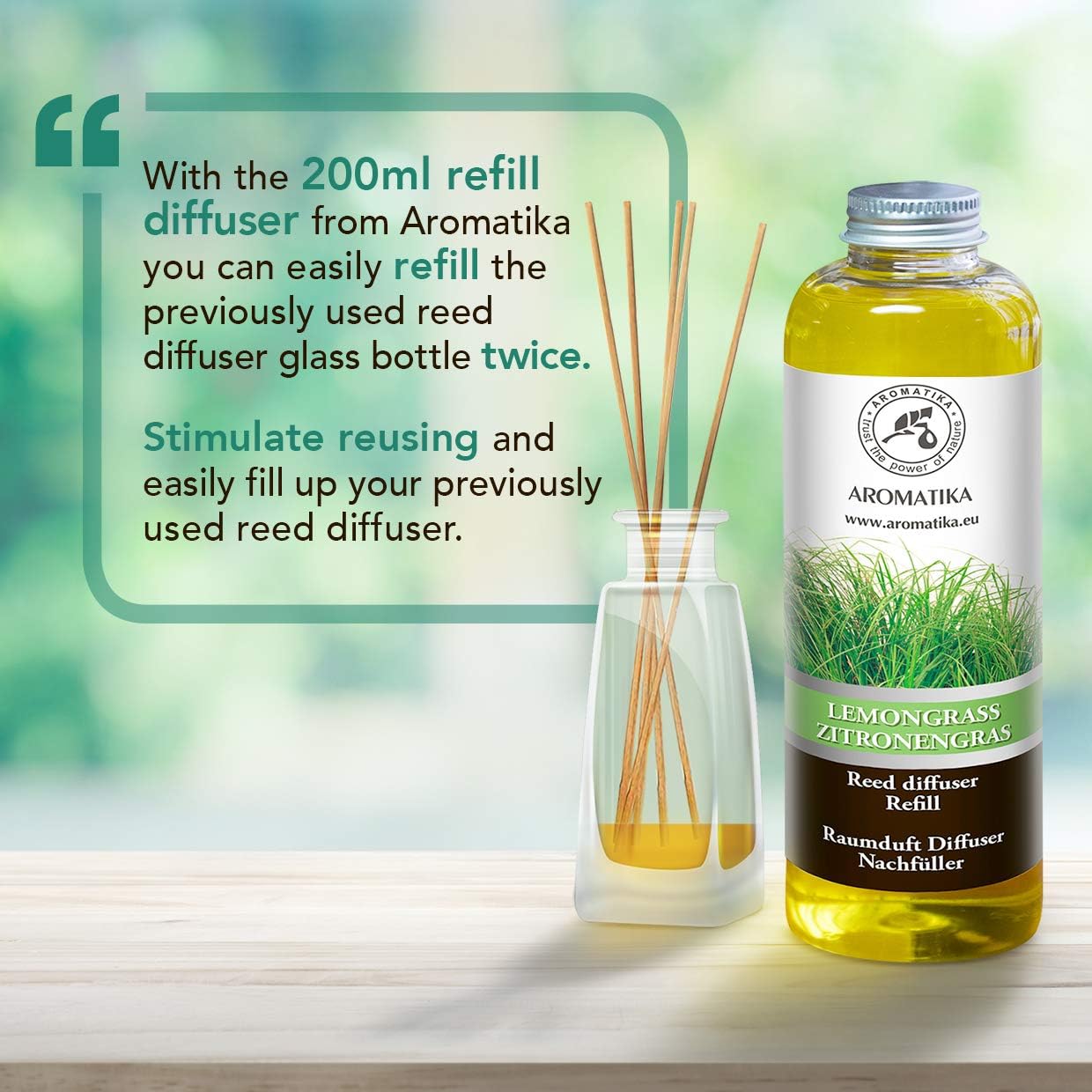 AROMATIKA Lemongrass Reed Diffuser Refill 200ml, Natural Essential Oil, Fresh Citrus Room Fragrance - Image 4