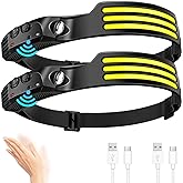 DAWINSIE LED Headlamp Rechargeable (2 PCS), 230° Wide Beam Head Lamp with Motion Sensor, Waterproof Head Light Flashlight for Hiking, Running, Repairing, Fishing Cycling (Black 4)