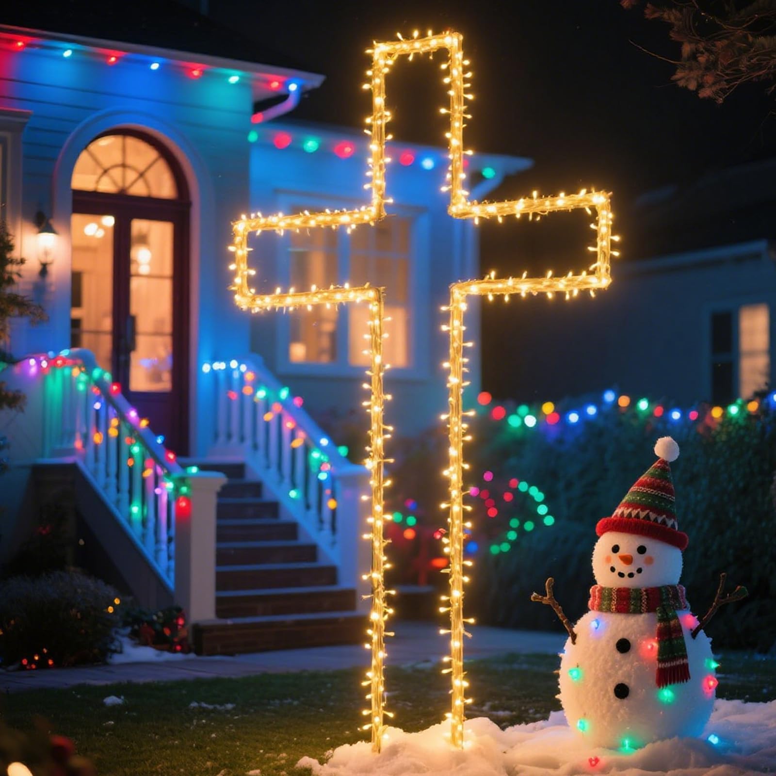 View 1 of Deborg 6FT Metal Cross Christmas Tree, DIY White Large Standing Cross Light Up Outdoor Christmas Decorations w/Ground Stake, Holy Jesus Christ Christian Crosses Religious Yard Decor (W/O Lights)