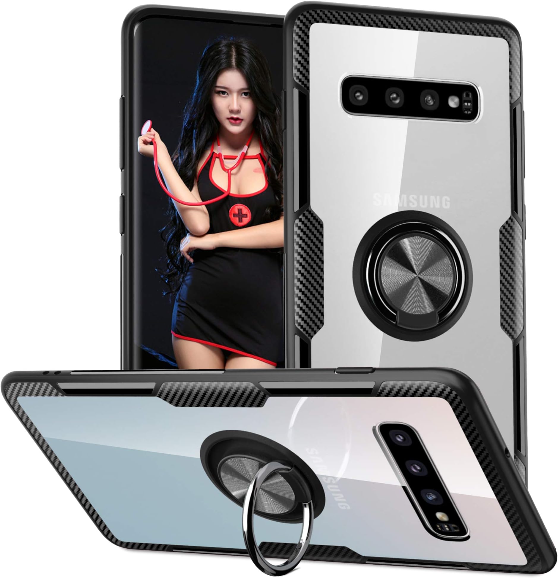 Qseel for Samsung Galaxy S10 Plus Clear Ring Armor Case, One-Piece Shockproof Hybrid Defender Combined with High-Density TPU Rim, Hard Crystal PC Panel and Built-in Ring Holder (Galaxy S10+, Black)