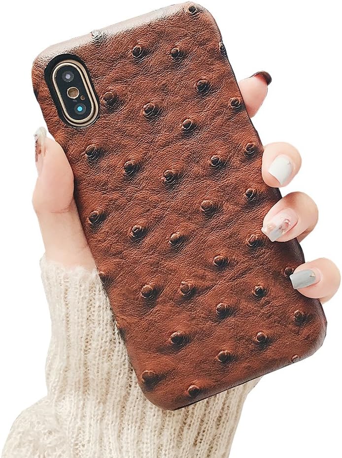 YonMeet Luxury Ostrich Grain Pattern Phone Case for iPhone X 10 Retro Geniune Leather Hard PC Back Cover (Brown)