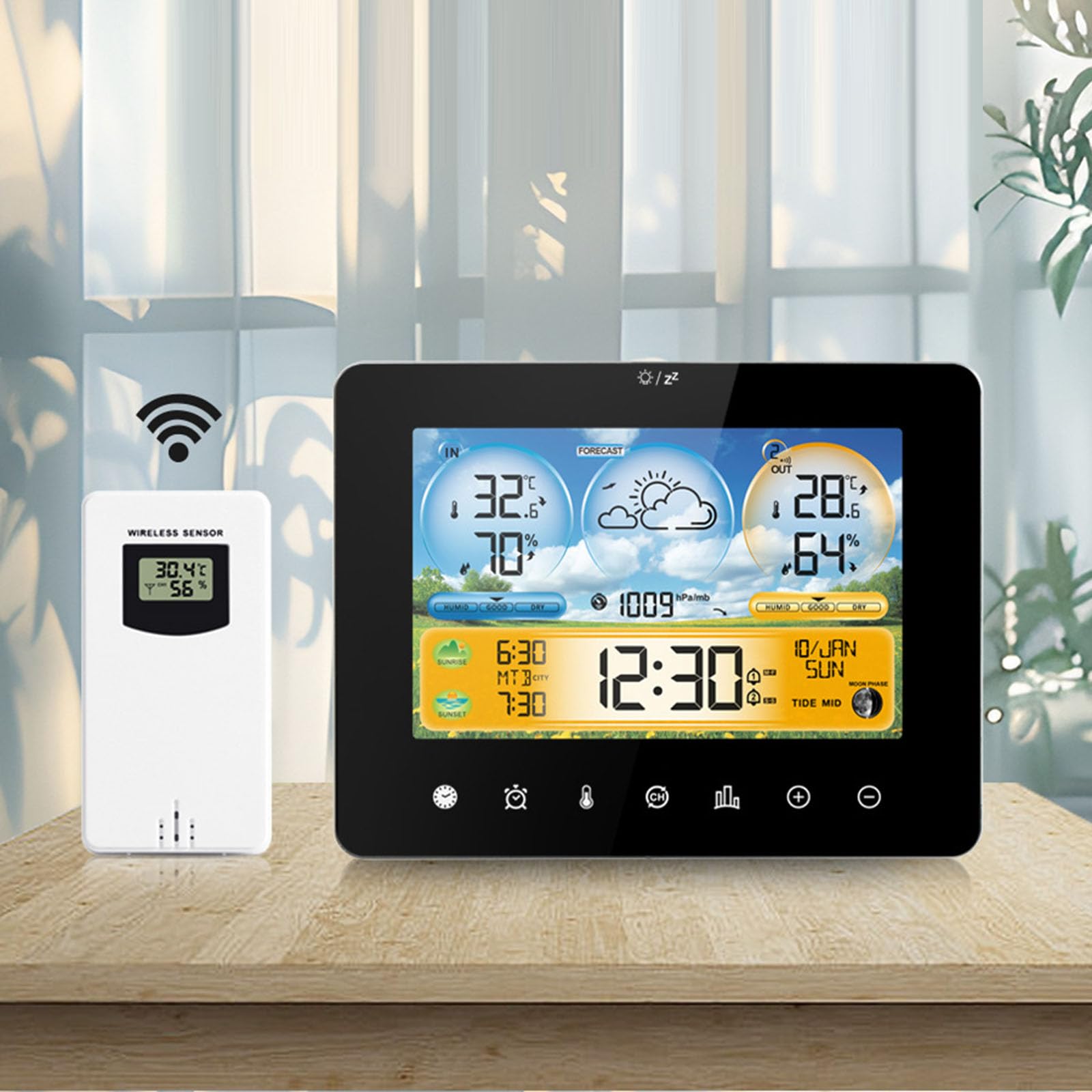 ALLOMN Weather Station Wireless with Outdoor Sensor, Touch LCD Color Display Screen Digital Wireless Weather Clock with Sensor, Indoor Outdoor Thermometer Hygrometer, Adjustable Backlight