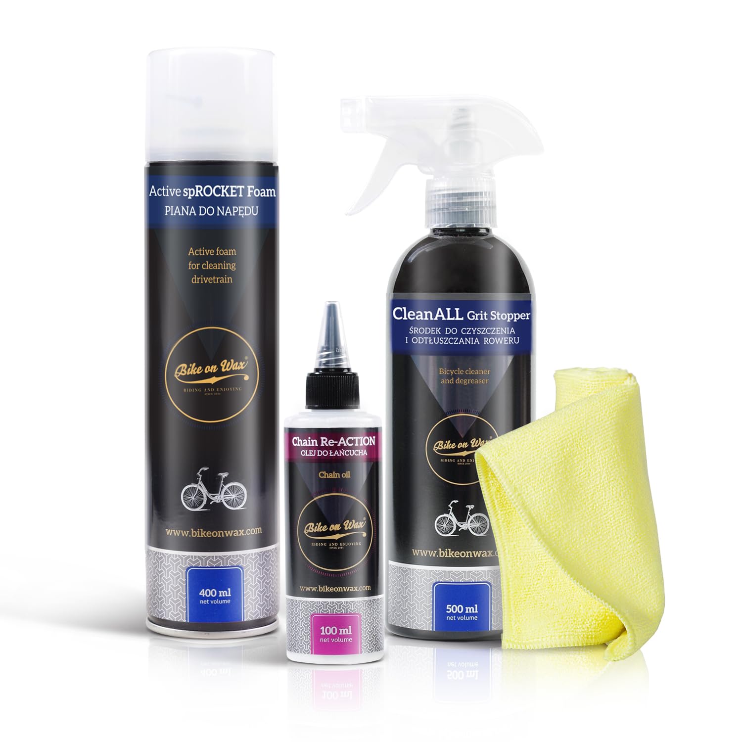 BIKE on Wax Clean and Smooth 3-Piece Bundle Bike Maintenance Kit - spROCKET Foam Chain Re-ACTION CleanALL Grit Stopper, Cloth - High-Performance Lubrication & Cleaning - All Bearings Cables & Pedals