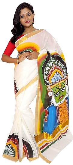 Hand Painted White Kerala Cotton Saree (KB-PN-0058)