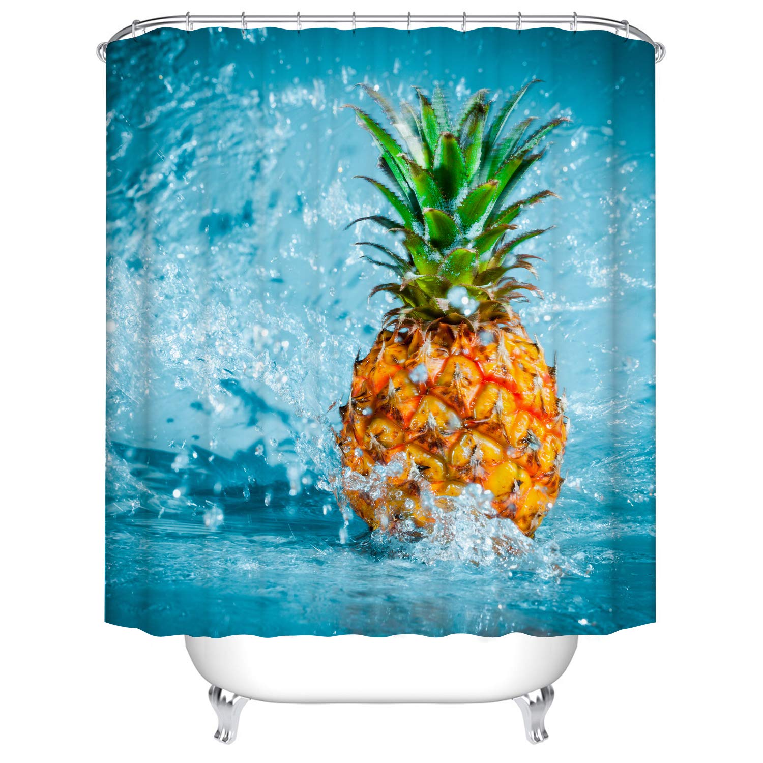 Fangkun Tropical Home Bath Decor Shower Curtain - Pineapple Design Yellow Polyester Fabric Bathroom Curtains Sets - 12 Shower Hooks - 72 x 72 inches