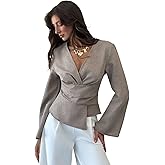 SweatyRocks Women's Wrap Asymmetrical Cinched Waist Tops Dressy Casual V Neck Pleated Business Work Blouses