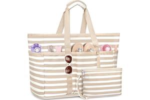 TEUEN Large Beach Bag with Zipper, 12 Pockets Waterproof Sandproof Pool Bag Womens Mesh Beach Tote Bag for Travel Vacation