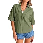 Cicy Bell Womens Short Sleeve Button Down Shirts V Neck Loose Fit Cotton Blouses Casual Summer Tops with Pockets