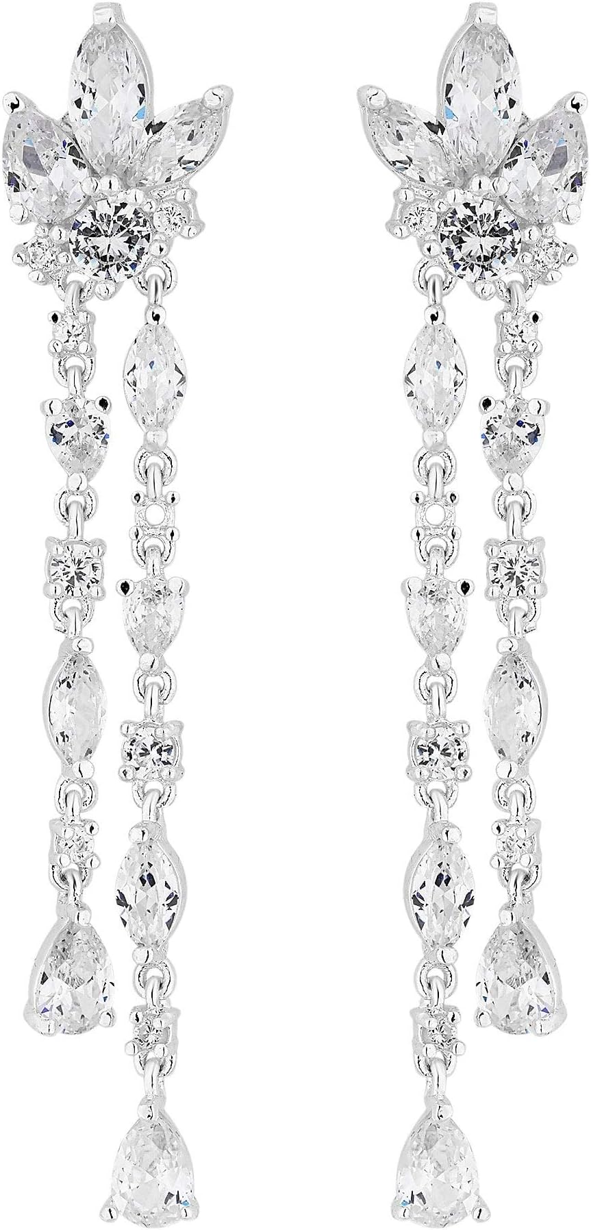 Alan Hannah Devoted Women's Designer Silver Cubic Zirconia Leaf Double Drop Earring