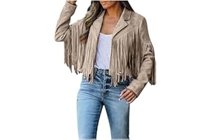 Tapanet Women's Fringe Faux Suede Leather Jackets Tassel Cropped Coats Western Cowboy Jacket Outerwear Hippie Concert Outfits
