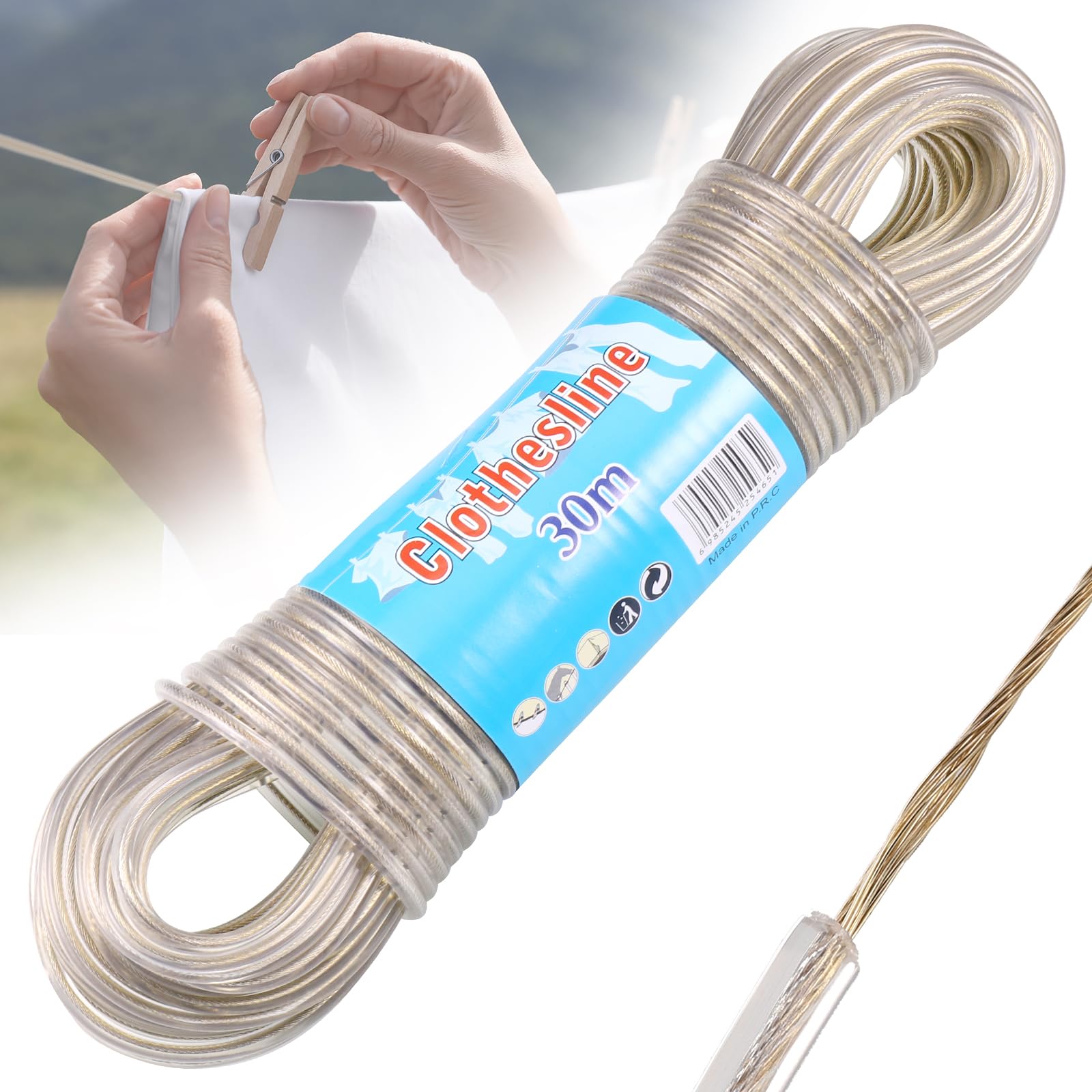 Fentar 30m Washing Line Rope, Heavy Duty Clothes Line Steel Core, Strong String 4mm Dia Clotheslines, Long Clothes Lines for Outside Garden Travel, Rustproof and Waterproof Washing Lines, 120kg LC