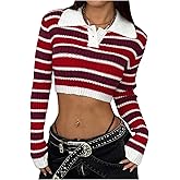 Milumia Women's Y2k Striped Sweater Knit Collared Long Sleeve Preppy Going Out Crop Tops
