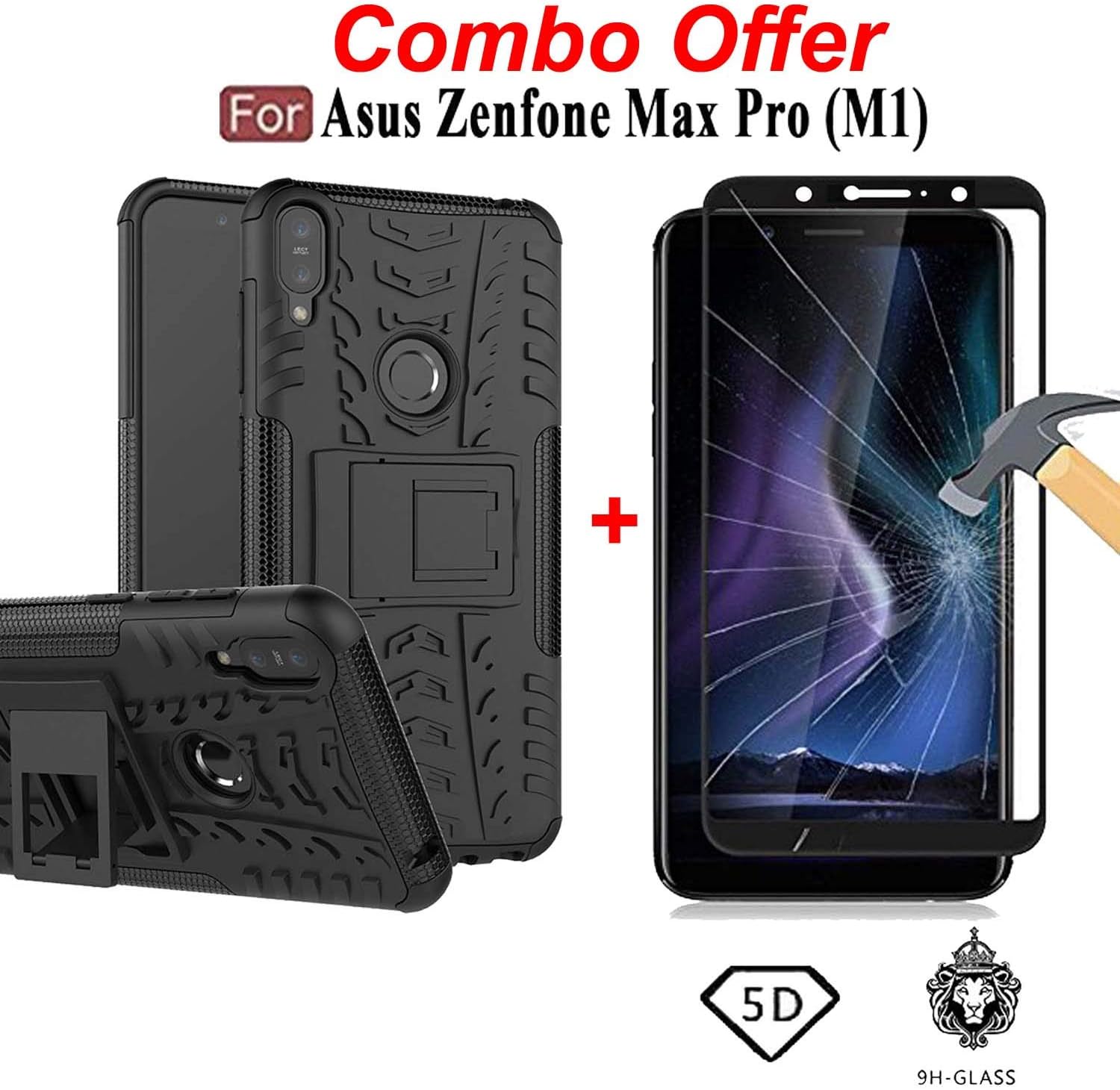 Goelectro Schockproof Hybrid Armor Kickstand Rugged Back Cover with 5 D Curved 9 H Tempered Glass for ASUS Zenfone Max Pro m 1 (Black) - Combo of 2