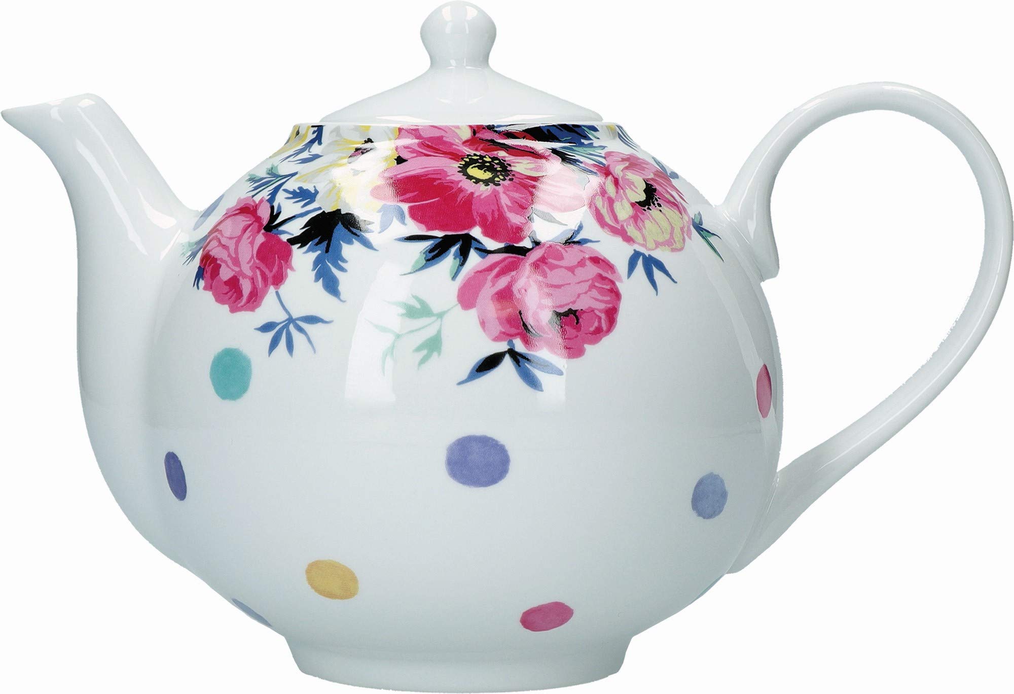 Mikasa Clovelly White Teapot with Multi Colour Polka Dot and Floral Design, Porcelain, White, 1 Litre