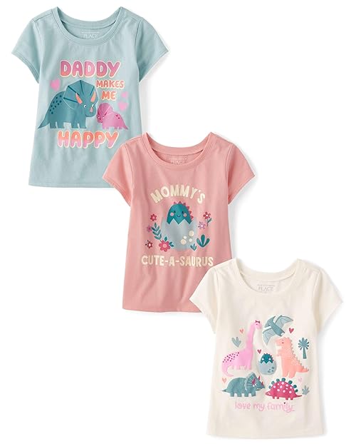 The Children's Place,Baby Girls,and Toddler Family,Mom,Dad,Sibling Short Sleeve Graphic T-Shirts,multipacks,Dino/Family/Daddy 3-Pack,3 Years