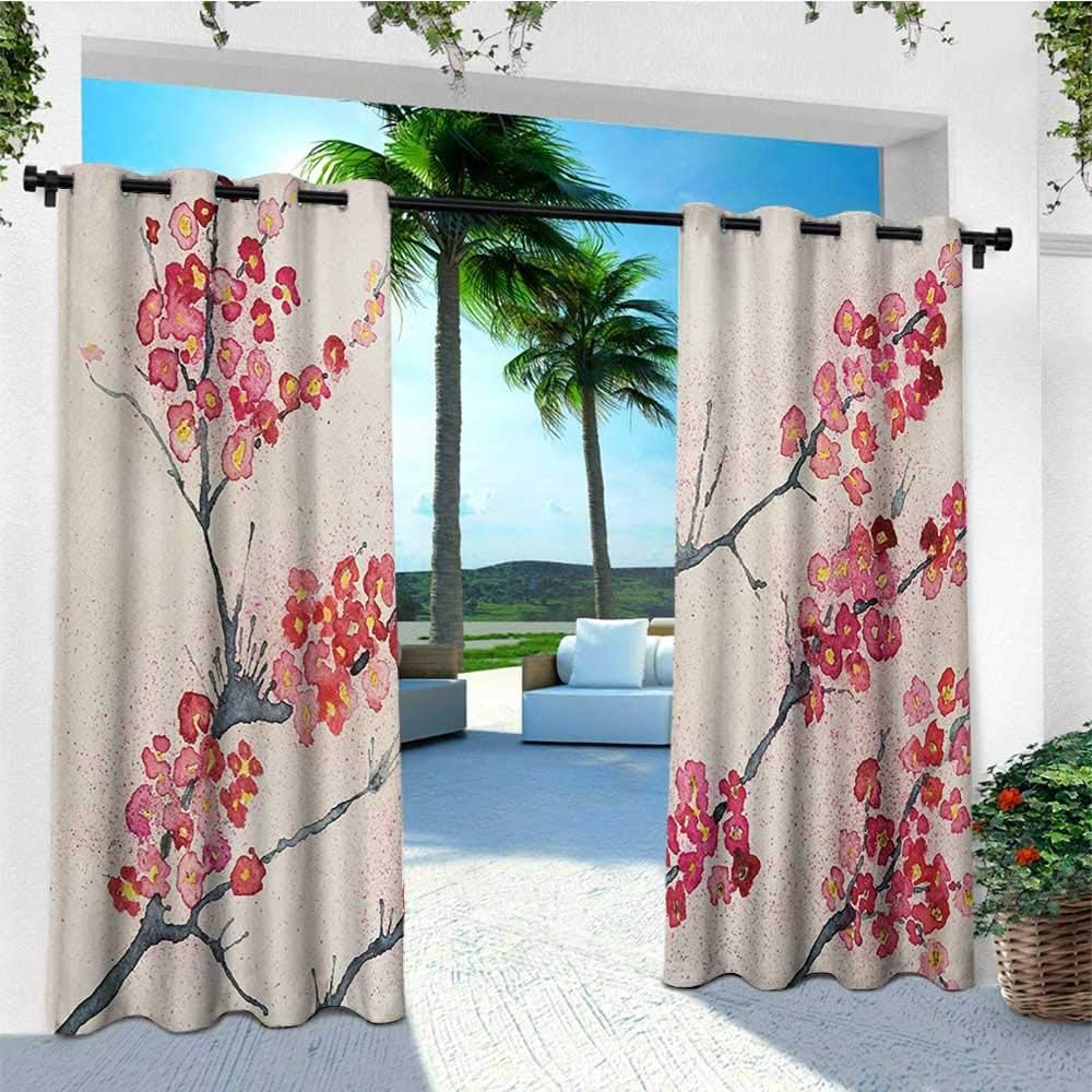 leinuoyi Floral, Sun Zero Outdoor Curtains, Cherry Blossoms Sakura Eastern Old Style Painting Print Vintage Asian Theme, for Balcony W96 x L96 Inch Pink Beige Gray
