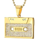 COOLSTEELANDBEYOND Men Women Stainless Steel Gold Color Cassette Pendant Necklace with Cubic Zirconia, 30 inches Chain