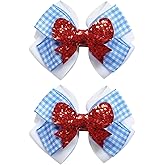 2PC Blue White Gingham Hair Bow Clips 3.5 Inch Checker Pigtail Bows Wizard Hair Accessories