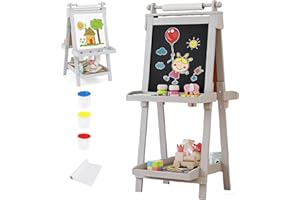 OLAKIDS Easel for Kids, 3 in 1 Adjustable Painting Art Board, Foldable Double-Sided Wooden Drawing Chalkboard Magnetic Whiteb
