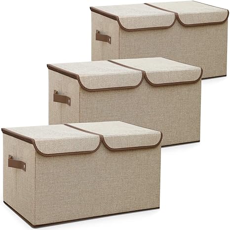Amazon ふたつきボックス 布 収納 大 おしゃれ 折りたたみ ふた付き 収納ケース 3個セット 不織布 無臭綿麻 取っ手 折り畳み蓋付き 整理箱 衣類 おもちゃ 書類 小物入れ 雑貨 寝室 クローゼット事務室 学生 収納ケース ボックス オンライン通販