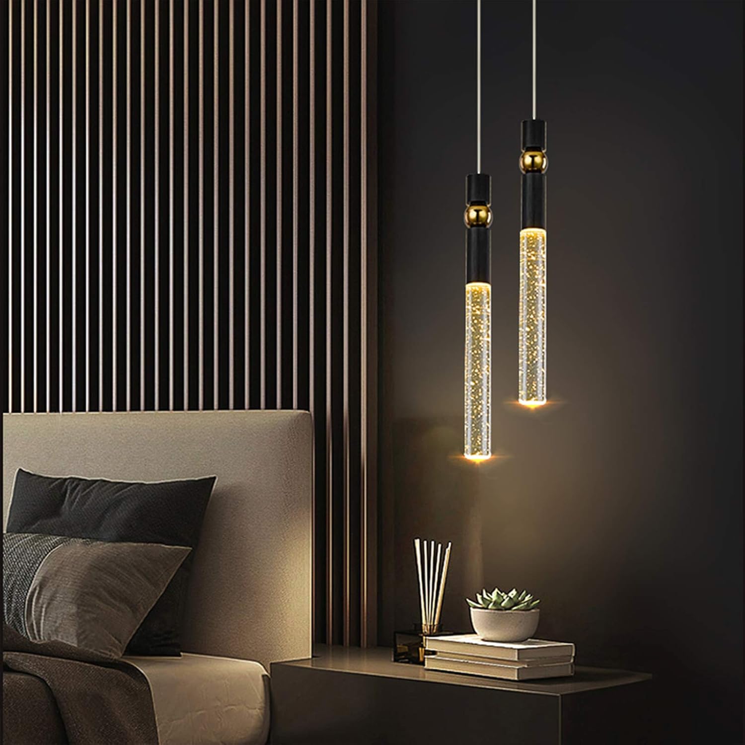 JoollySun Modern Pendant Light Fixtures - Mini LED Hanging Lighting with Seeded Crystal Cylinder for Kitchen Island Dining Room Bedroom Warm White 3000K - Black Gold - - 