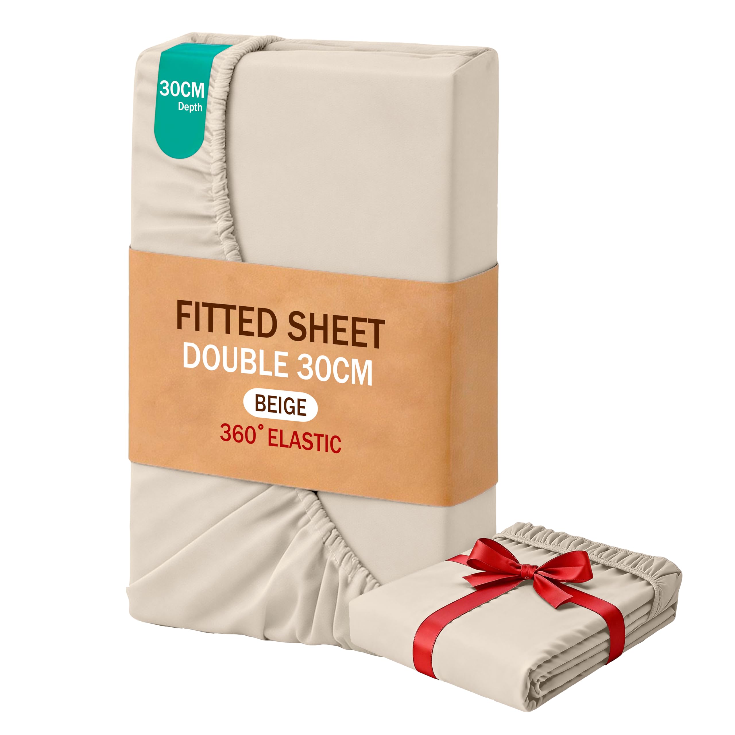 MOHAP Double Size Fitted Sheet Beige with Extra Deep 30 cm Pocket Bed Sheet Only Bedsheet Brushed Microfiber Bottom Sheet for Double Bed 135x190 Beige