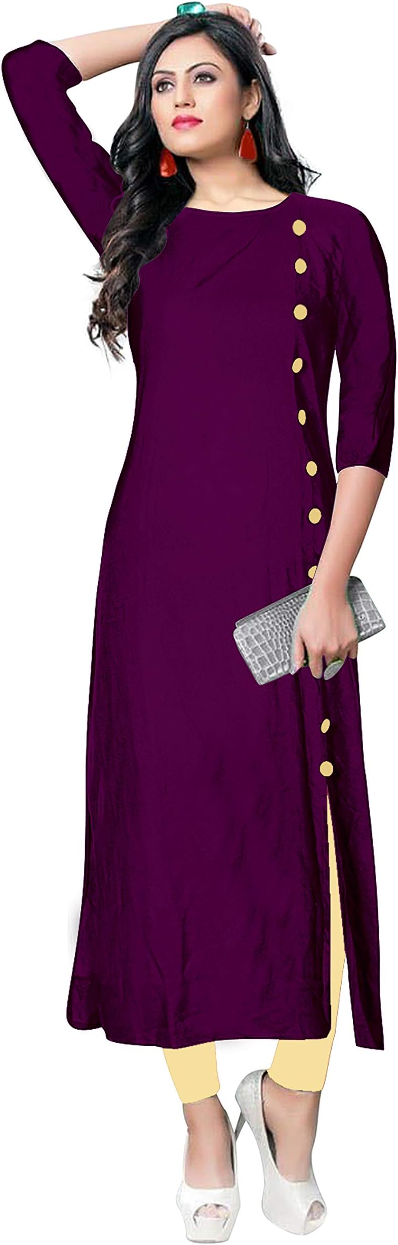 BELOMODA Multi Color Rayon Fabric 3/4 Sleeve Round Neck Solid Plain Kurti for Women