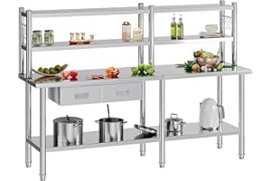 Jocisland 61cm x 214cm Stainless Steel Work Table, NSF-Certified Heavy-Duty Prep Station with Overshelves, 2/3 Drawers, Adjus