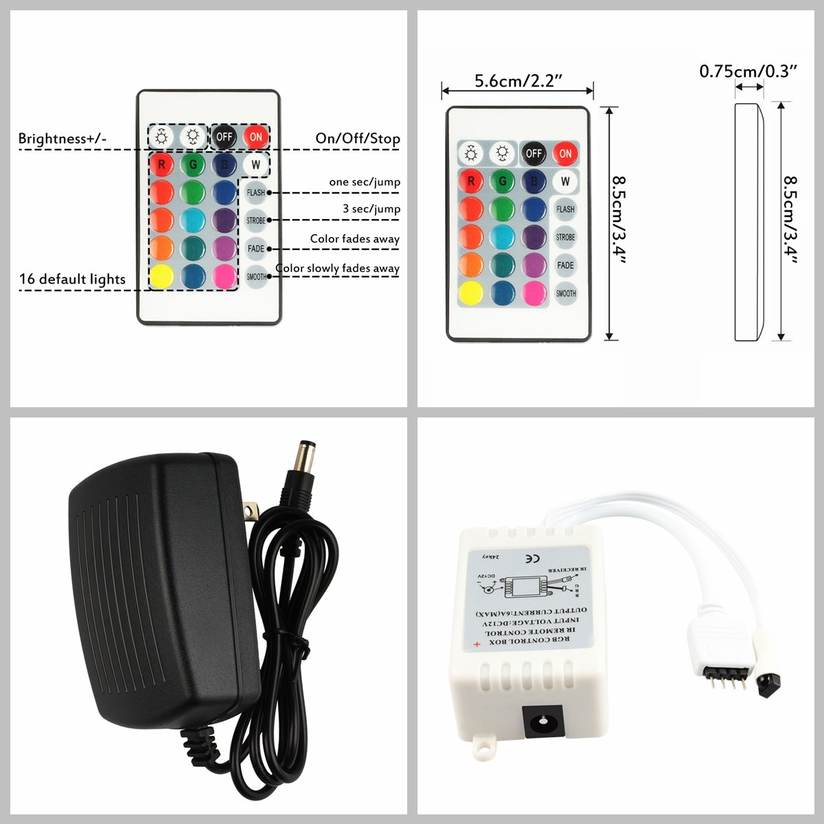 B2ocled LED RGB Flexible Strip Lights Kit SMD 5050 16.4Ft(5M) 300leds Waterproof Color Changing with 24key IR Controller and 12V 2A Power Supply Adapter