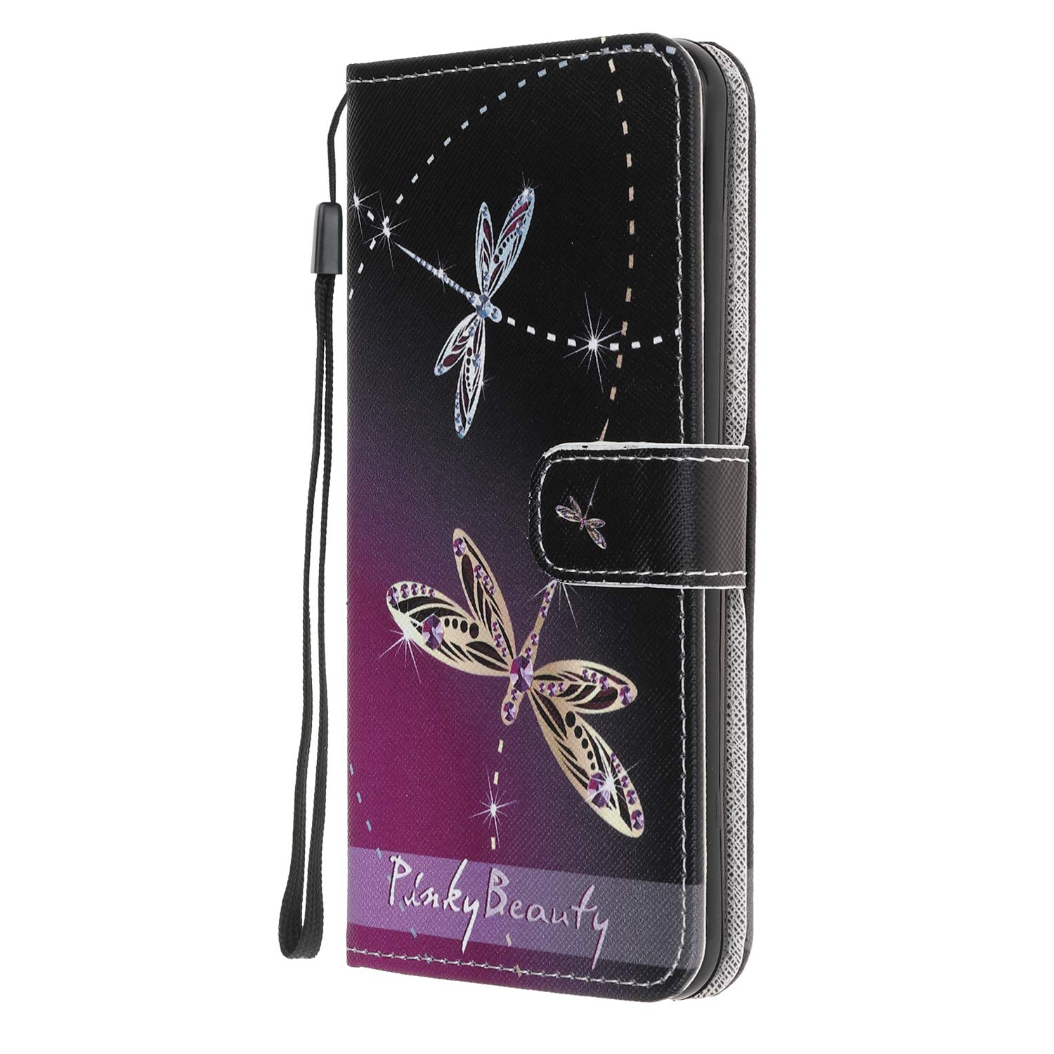 for iPhone 12 Phone Case, iPhone 12 Pro Phone Cases, Flip PU Leather Wallet Cover with Magnetic Closure Stand Card Holder Slots Folio Soft TPU Protective Shockproof Cover Bumper, Dragonfly