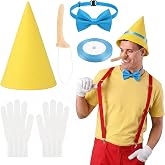 Hercicy 5 Pcs Puppet Costume Set Yellow Hat Blue Bowtie Long Nose Gloves | Story Book Character Outfit for Adult Costume Party, Wooden Puppet Accessories with Ribbon, Classic Halloween Cosplay Set