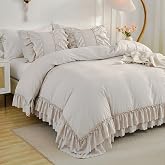 Herside Beige Boho Comforter Queen Size,Shabby Chic Ruffle Bedding Set,2 Layers Ruffles Fluffy Vintage Comforter Home Decor,Farmhouse 3 Pcs Microfiber Lightweight Comforter Set for Women Girls