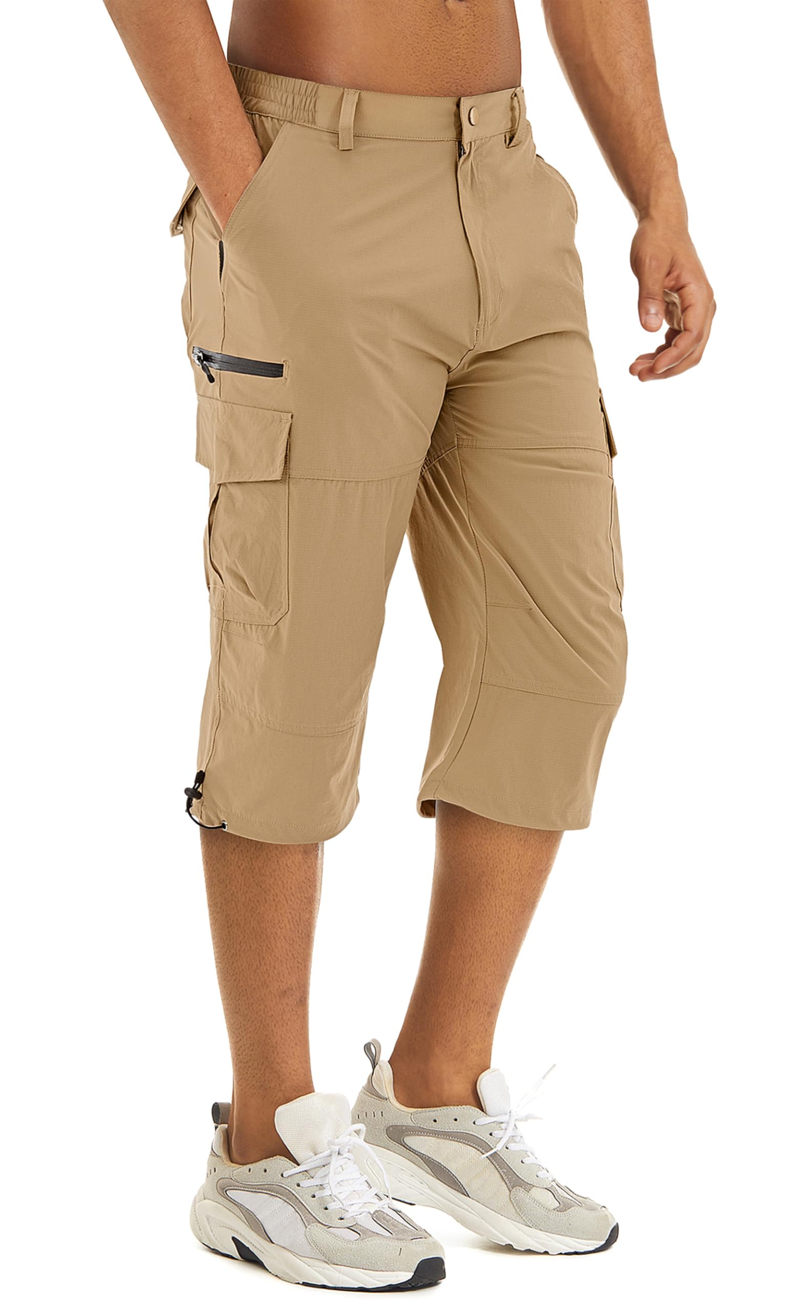 TACVASEN Men's Cargo Shorts Hiking Quick Dry 3/4 Long Shorts Below Knee Work Water Resistant Capri Pants with Drawstring Khaki Image