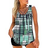 MODLILY Tummy Control Womens Tankini Swimsuits, Two Piece Metal Ring Bathingh Suits, Tank Top with High Waisted Boyshorts