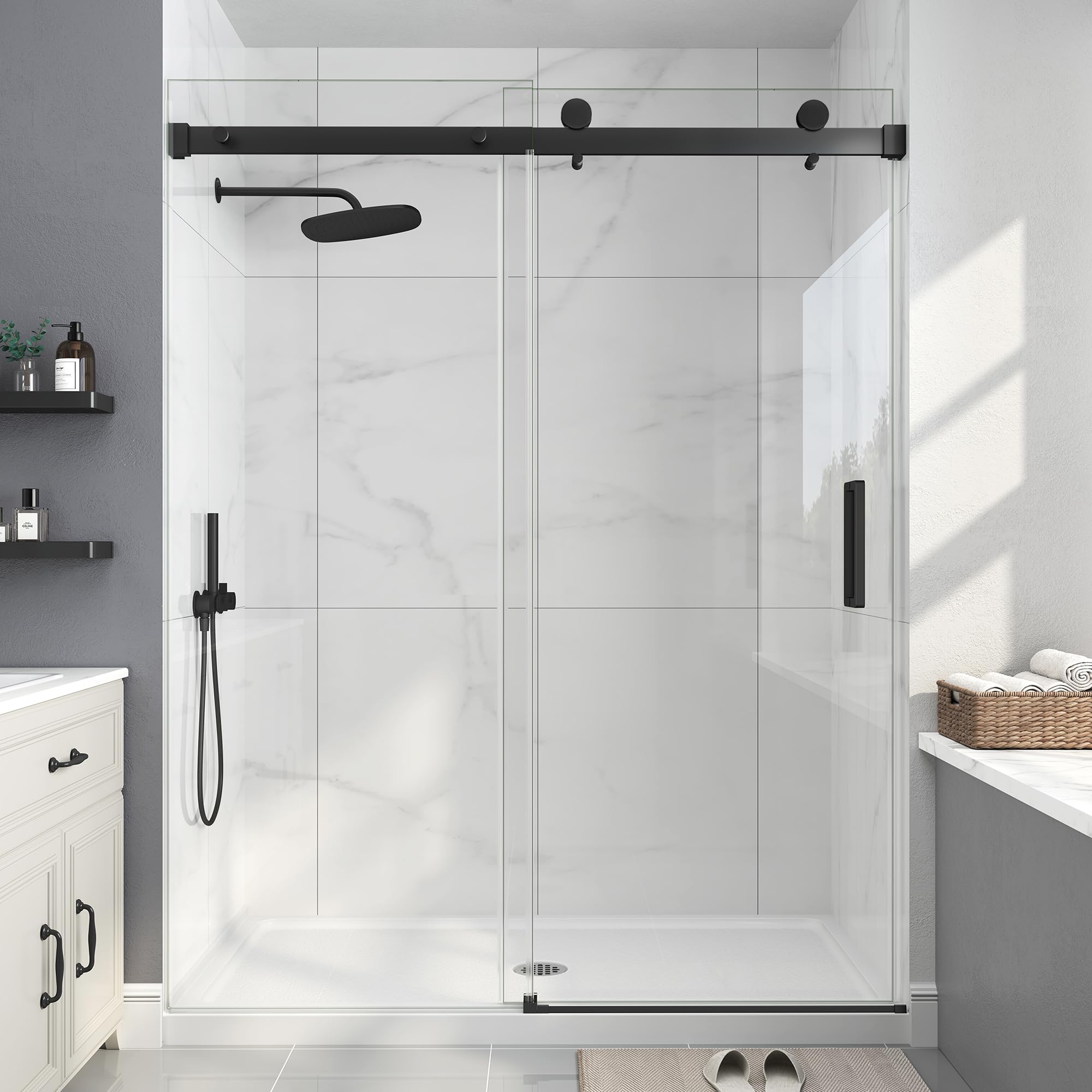 View 1 of ***MISSING BLACK SUPPORT RAIL***
EASYWORC Frameless Shower Door, 43-48" W x 76" H Sliding Glass Shower Door, 1/4''(6mm SGCC Tempered Glass with Explosion-Proof Film Nano Coating in Matte Black Finish