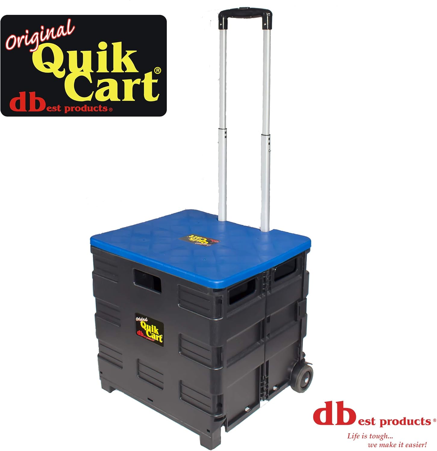 dbest products Quik Cart two Wheeled Collapsible Handcart with Blue Lid Rolling Utility with Seat Heavy Duty Lightweight