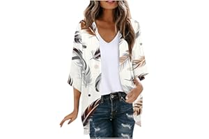 QotLoyi Summer Cardigans for Women Lightweight Floral Print Chiffon Kimono Cardigan Casual Beach 3/4 Sleeve Shirts Tops